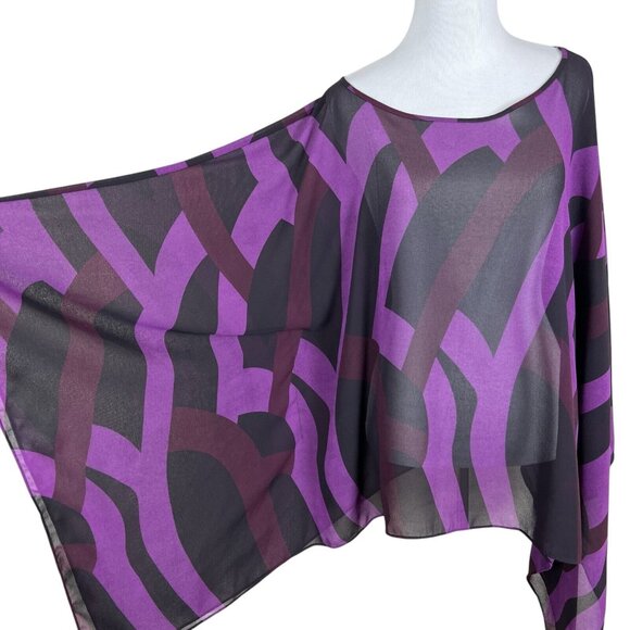 Draped Blouse Top Womens Large‎ Purple Black Sheer Geometric Statement Sleeve 14 - Picture 1 of 16
